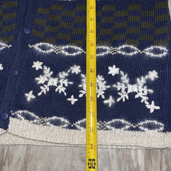 VTG Chelsea Campbell Charter Club Christmas Tree Sweater Cardigan Blue Tan Med - Picture 6 of 8